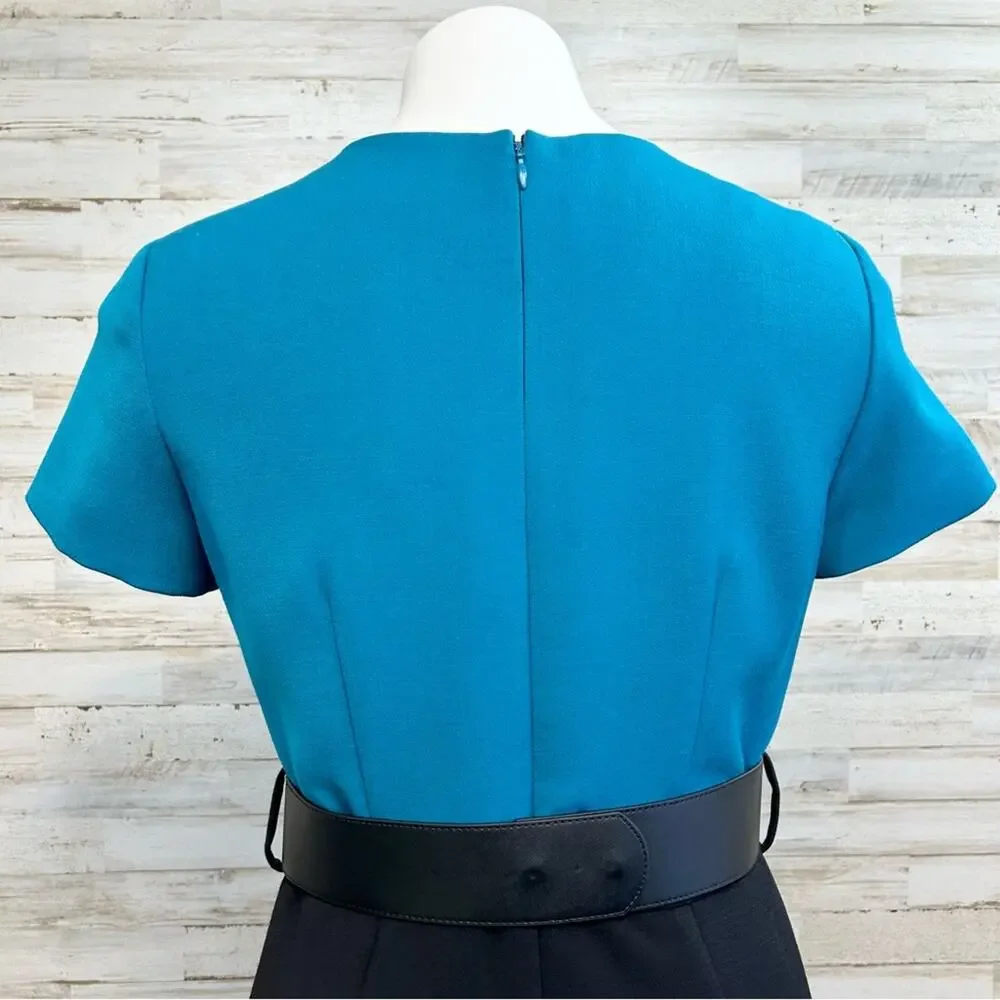 Tahari Arthur S Levine Short Sleeve Belted Dress Size 4 Teal Black Two Tone - Picture 9 of 14
